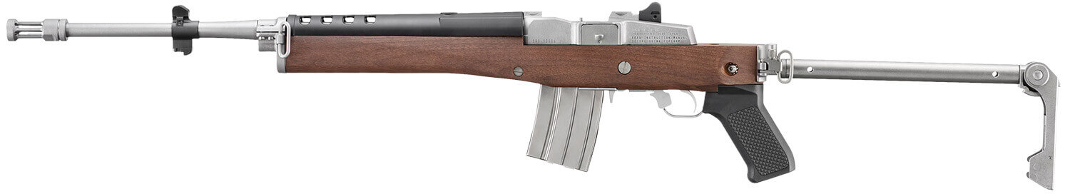 Ruger 5895 Mini-14 223 Rem/5.56 NATO 20+1 18.50" Matte Stainless Threaded Barrel Matte Stainless Picatinny Rail Receiver Walnut/Stainless Wood Side Folding Side Folding Stock Black Polymer Grip - Image 2