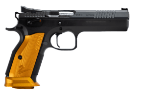 CZ-USA 91265 TS2  40 S&W 17+1 5.20″ Black Bull Barrel  Black Slide  Black Polycoat Frame  Orange Checkered Aluminum Grip