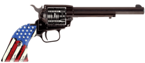 Heritage Mfg RR22B6US07 Rough Rider  22 LR 6rd 6.50″ Black Oxide Alloy Steel Barrel  Black Oxide Zinc Alloy Frame  Black Oxide w/Engraved US Flag Cylinder  Distressed USA Flag Polymer Grip  Manual Safety  Exposed Hammer