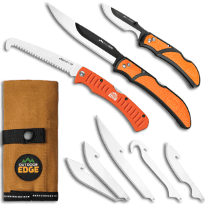 Outdoor Edge RGP1 RazorGuide Hunters Combo Kit 8 Blades Folding Boning/Caping/Drop Point/Gutting Satin/Black Oxide 420J2 SS Blades Aluminum Saw Blade Blaze Orange Textured FRN w/TPR Inserts Handle Includes Canvas Roll Pack Outdoor Edge RGP1 RazorGuide Hunters Combo Kit 8 Blades Folding Boning/Caping/Drop Point/Gutting Satin/Black Oxide 420J2 SS Blades Aluminum Saw Blade Blaze Orange Textured FRN w/TPR Inserts Handle Includes Canvas Roll Pack