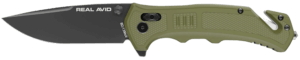 Real Avid AVRAV4 RAV-4  3.25″ Folding Drop Point Plain Black Oxide 8Cr13MoV SS Blade  OD Green Textured GFN Handle  Clamshell Pkg