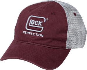 Glock AP95881 Relaxed  Maroon Mesh Hat  Distressed Denim-Like Fabric Front w/Mesh Back  Unstructured Fit w/Snapback  Embroidered Glock Log