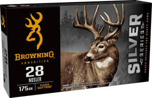 Browning Ammo B192600281  Silver 28Nosler 175gr Plated Soft Point 20rd Box