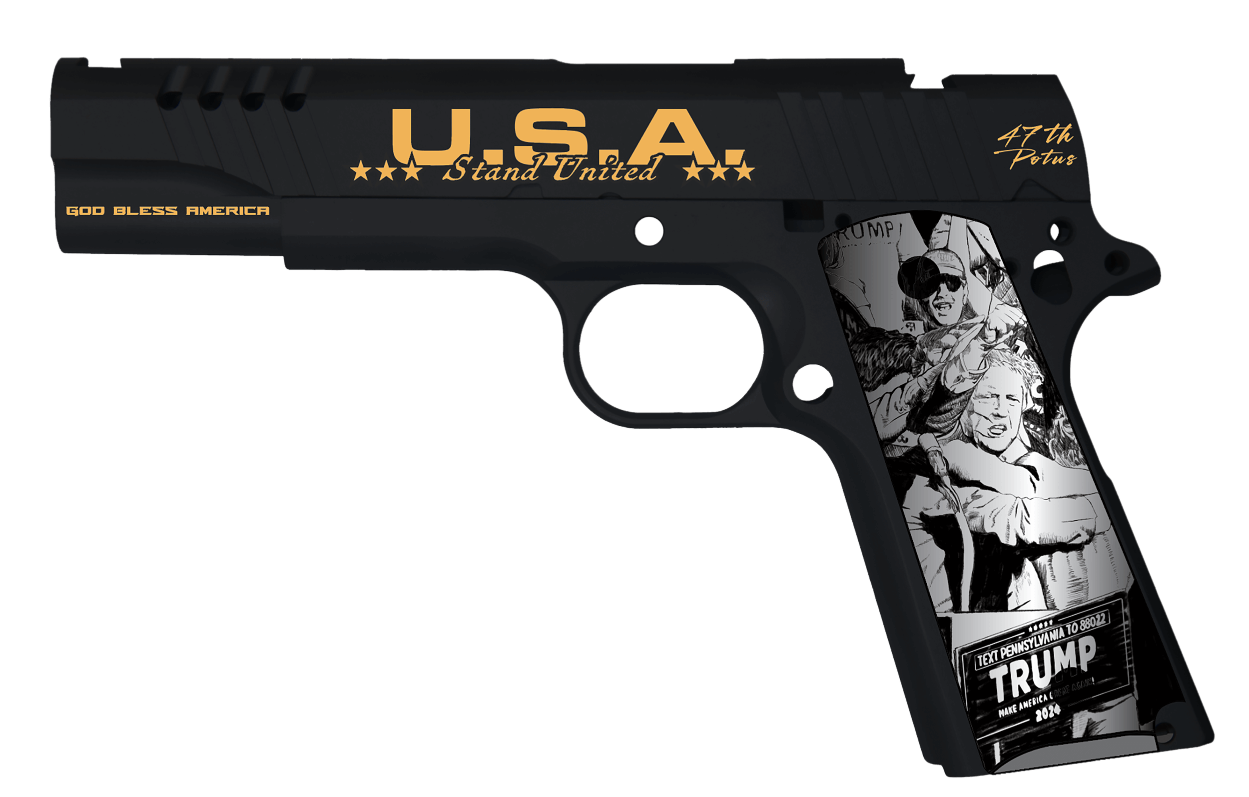 Auto-Ordnance 1911TCAC18 1911 Trump Fight Limited Edition 45 ACP 7+1 5″ Stainless Match Grade Barrel, Black w/Gold Engraving Engraved/Ported/Serrated Black Cerakote Slide, Black Cerakote Stainless Steel Frame, Engraved Aluminum Grip Auto-Ordnance 1911TCAC18 1911 Trump Fight Limited Edition 45 ACP 7+1 5″ Stainless Match Grade Barrel, Black w/Gold Engraving Engraved/Ported/Serrated Black Cerakote Slide, Black Cerakote Stainless Steel Frame, Engraved Aluminum Grip