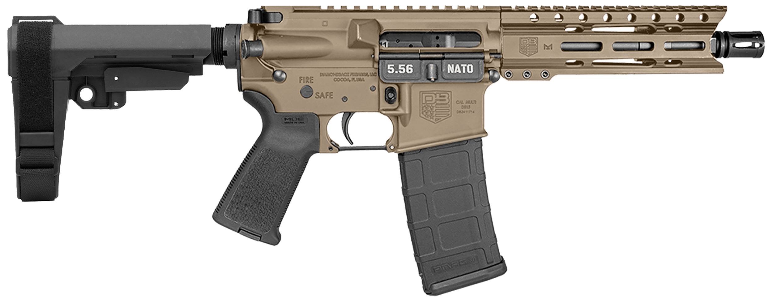 Diamondback DB1913K061 DB15 5.56 NATO 30+1 7" Black Nitride Heavy Threaded Barrel Flat Dark Earth Cerakote Picatinny Rail Aluminum Receiver M-LOK Handguard SB Tactical SBA3 Brace Black Synthetic Stock Magpul MOE Grip