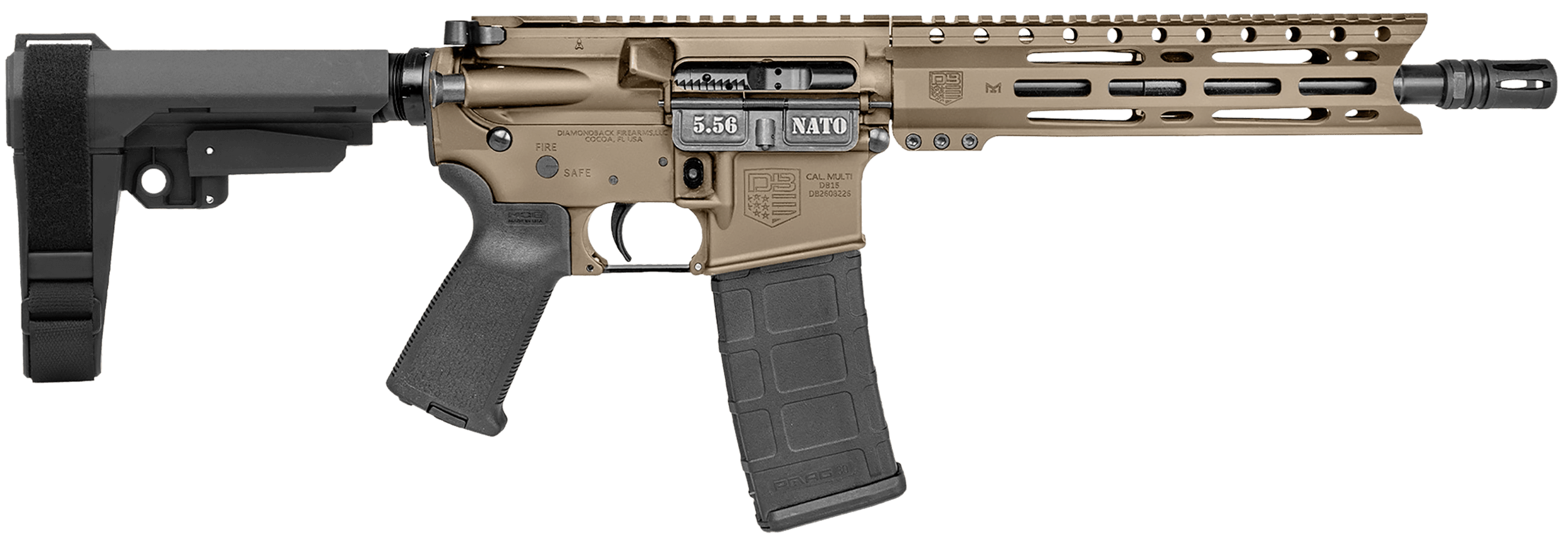 Diamondback DB1916K061 DB15 5.56 NATO 30+1 10" Black Nitride Heavy Threaded Barrel Flat Dark Earth Cerakote Picatinny Rail Aluminum Receiver M-LOK Handguard SB Tactical SBA3 Brace Black Synthetic Stock Magpul MOE Grip