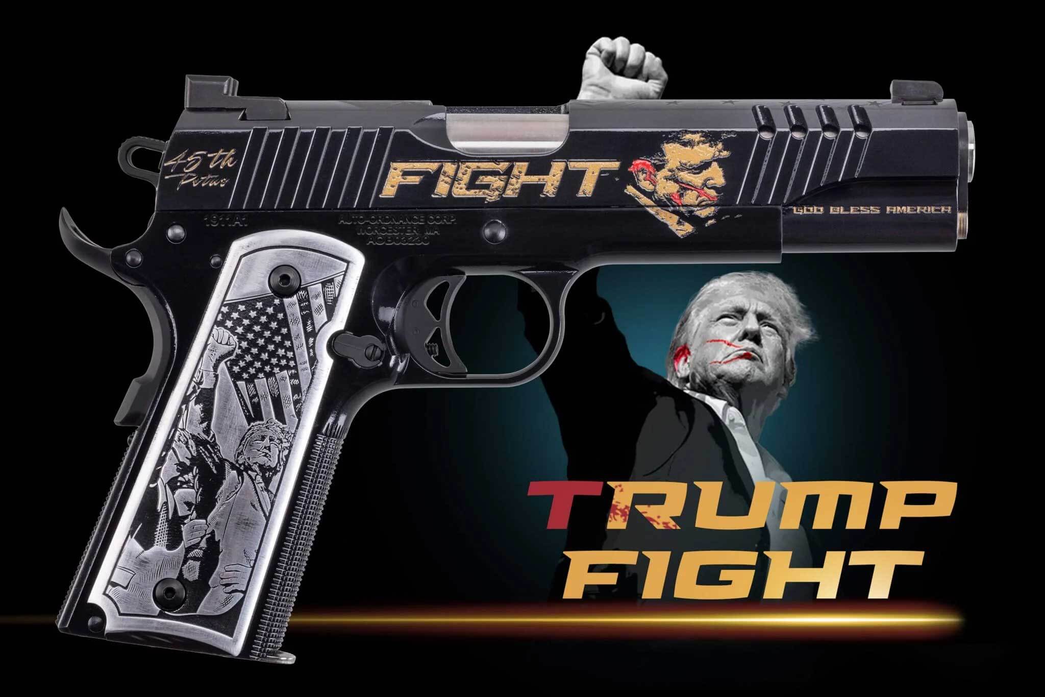 Auto-Ordnance 1911TCAC18 1911 Trump Fight Limited Edition 45 ACP 7+1 5″ Stainless Match Grade Barrel, Black w/Gold Engraving Engraved/Ported/Serrated Black Cerakote Slide, Black Cerakote Stainless Steel Frame, Engraved Aluminum Grip Auto-Ordnance 1911TCAC18 1911 Trump Fight Limited Edition 45 ACP 7+1 5″ Stainless Match Grade Barrel, Black w/Gold Engraving Engraved/Ported/Serrated Black Cerakote Slide, Black Cerakote Stainless Steel Frame, Engraved Aluminum Grip