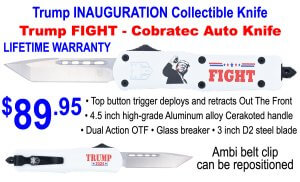 CobraTec Knives MTRP24FTTNS  OTF FS-3 Trump INAUGURATION Tanto Plain D2 Steel Blade White Trump Fight 2024 Aluminum Cerakoted Handle