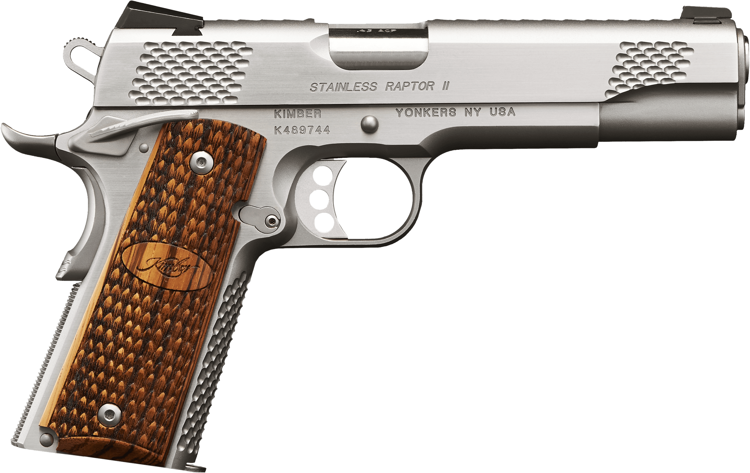 Kimber Mfg Inc 3200365 Stainless Pro Raptor II 9mm 9+1 4″ Stainless Steel Slide Satin Silver Zebrawood w/ Scale Pattern and Kimber Logo Grip Kimber Mfg Inc 3200365 Stainless Pro Raptor II 9mm 9+1 4″ Stainless Steel Slide Satin Silver Zebrawood w/ Scale Pattern and Kimber Logo Grip