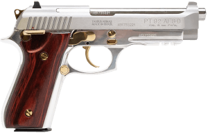 Taurus 1-920151GLD-HW1 92  Full Size Frame 9mm 17+1 5″ Matte Stainless Steel Barrel  Stainless Steel w/Gold Accents  Stainless Aluminum Frame w/Picatinny Rail  Wood Grip
