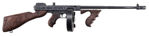 Auto-Ordnance T150DC7 1927A-1 Roaring 20s 45 ACP 50+1 18″ Cerakote w/Engraved “Trench Broom” & “Chicago Typewriter” Barrel  Midnight Blue Satin Cerakote Receiver  Engraved American Walnut Wood Stock  Wood Grip
