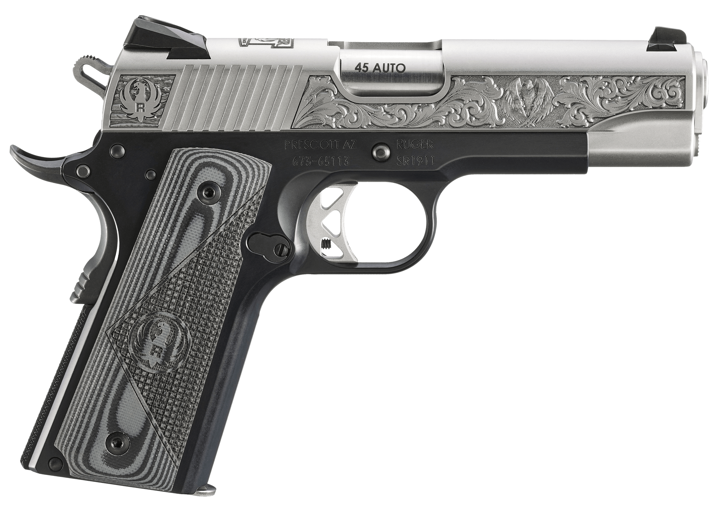 Ruger 16705 SR1911 Southport CT LIMITED EDITION Commander Frame 45 ACP 7+1 4.25″ Stainless Steel Barrel Low-Glare Serrated w/Engraving Stainless Steel Slide Black Anodized Aluminum Frame w/Beavertail Black/Gray Deluxe Checkered G10 Grip Ruger 16705 SR1911 Southport CT LIMITED EDITION Commander Frame 45 ACP 7+1 4.25″ Stainless Steel Barrel Low-Glare Serrated w/Engraving Stainless Steel Slide Black Anodized Aluminum Frame w/Beavertail Black/Gray Deluxe Checkered G10 Grip