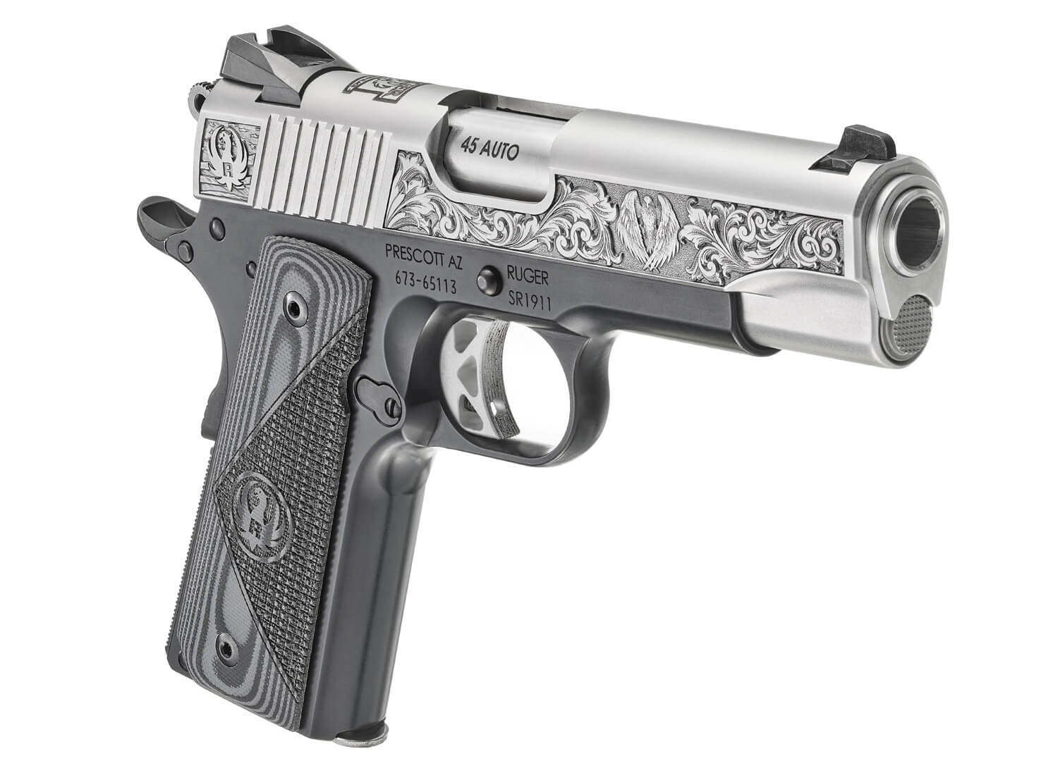 Ruger 16705 SR1911 Southport CT LIMITED EDITION Commander Frame 45 ACP 7+1 4.25″ Stainless Steel Barrel Low-Glare Serrated w/Engraving Stainless Steel Slide Black Anodized Aluminum Frame w/Beavertail Black/Gray Deluxe Checkered G10 Grip Ruger 16705 SR1911 Southport CT LIMITED EDITION Commander Frame 45 ACP 7+1 4.25″ Stainless Steel Barrel Low-Glare Serrated w/Engraving Stainless Steel Slide Black Anodized Aluminum Frame w/Beavertail Black/Gray Deluxe Checkered G10 Grip