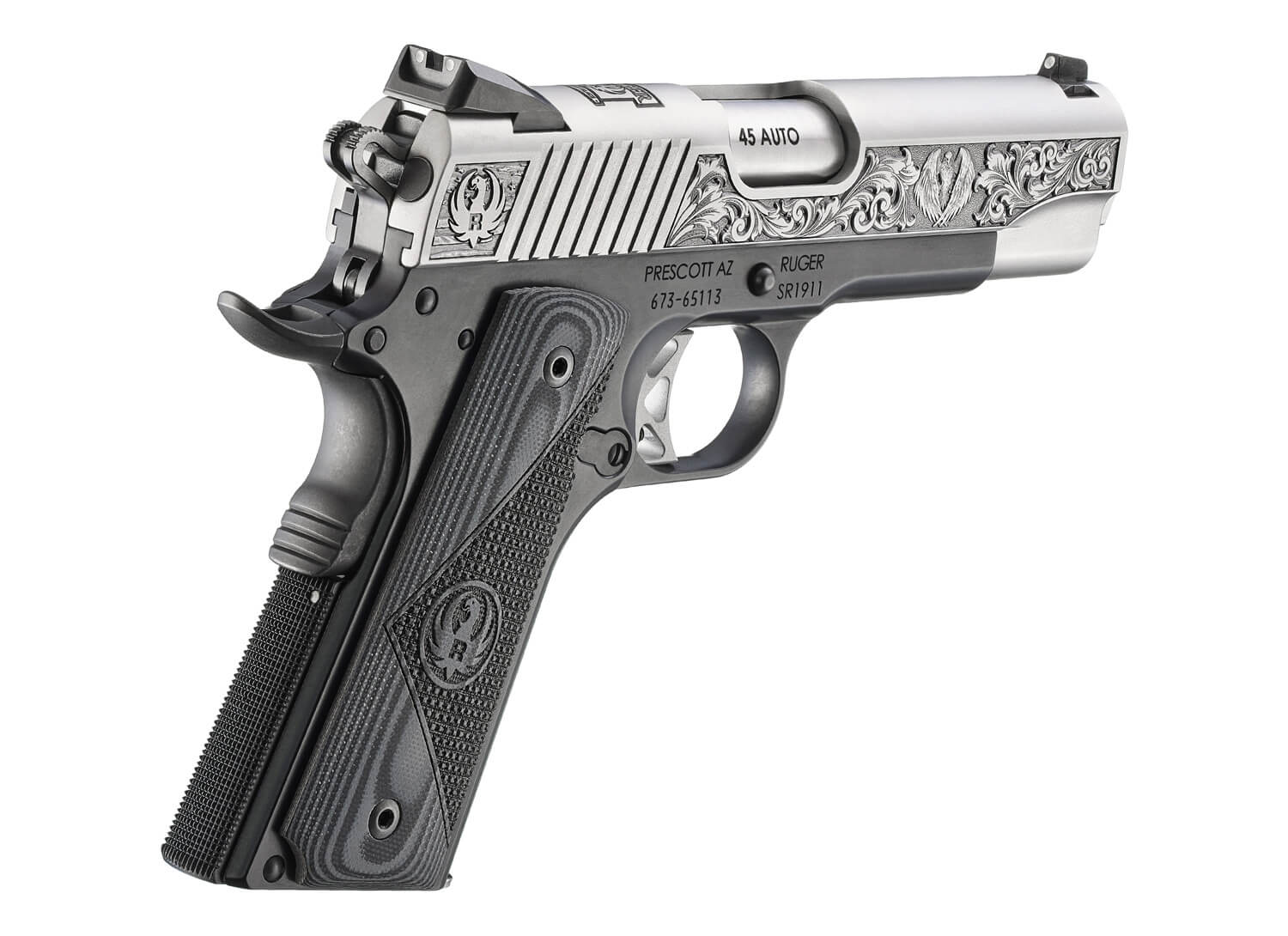 Ruger 16705 SR1911 Southport CT LIMITED EDITION Commander Frame 45 ACP 7+1 4.25″ Stainless Steel Barrel Low-Glare Serrated w/Engraving Stainless Steel Slide Black Anodized Aluminum Frame w/Beavertail Black/Gray Deluxe Checkered G10 Grip Ruger 16705 SR1911 Southport CT LIMITED EDITION Commander Frame 45 ACP 7+1 4.25″ Stainless Steel Barrel Low-Glare Serrated w/Engraving Stainless Steel Slide Black Anodized Aluminum Frame w/Beavertail Black/Gray Deluxe Checkered G10 Grip