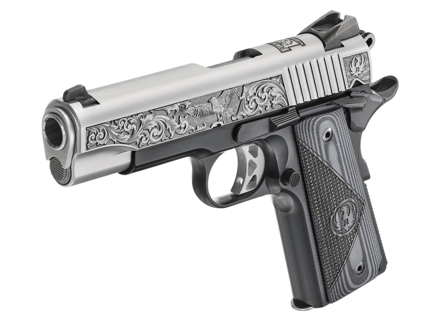 Ruger 16705 SR1911 Southport CT LIMITED EDITION Commander Frame 45 ACP 7+1 4.25″ Stainless Steel Barrel Low-Glare Serrated w/Engraving Stainless Steel Slide Black Anodized Aluminum Frame w/Beavertail Black/Gray Deluxe Checkered G10 Grip Ruger 16705 SR1911 Southport CT LIMITED EDITION Commander Frame 45 ACP 7+1 4.25″ Stainless Steel Barrel Low-Glare Serrated w/Engraving Stainless Steel Slide Black Anodized Aluminum Frame w/Beavertail Black/Gray Deluxe Checkered G10 Grip