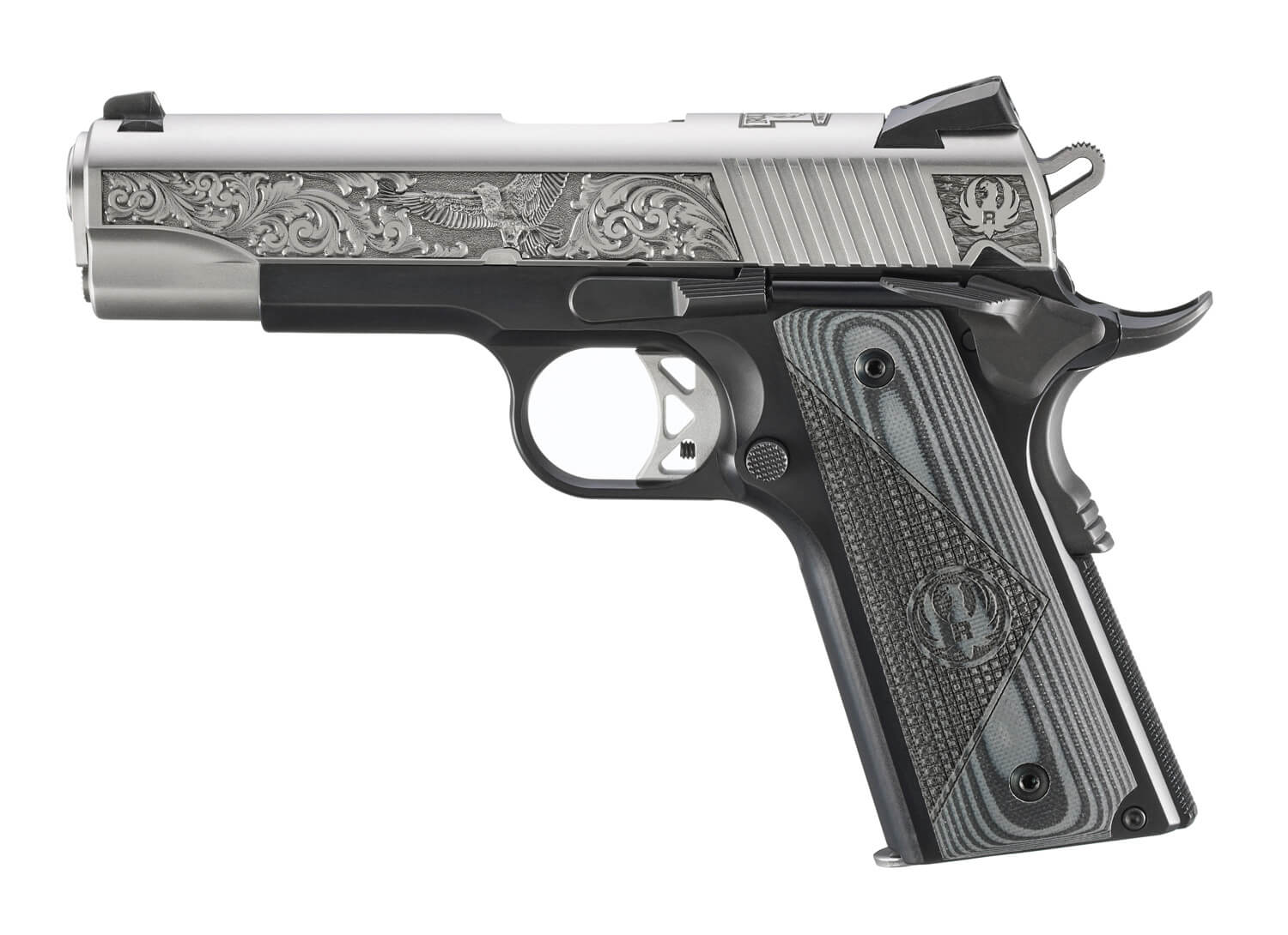 Ruger 16705 SR1911 Southport CT LIMITED EDITION Commander Frame 45 ACP 7+1 4.25″ Stainless Steel Barrel Low-Glare Serrated w/Engraving Stainless Steel Slide Black Anodized Aluminum Frame w/Beavertail Black/Gray Deluxe Checkered G10 Grip Ruger 16705 SR1911 Southport CT LIMITED EDITION Commander Frame 45 ACP 7+1 4.25″ Stainless Steel Barrel Low-Glare Serrated w/Engraving Stainless Steel Slide Black Anodized Aluminum Frame w/Beavertail Black/Gray Deluxe Checkered G10 Grip