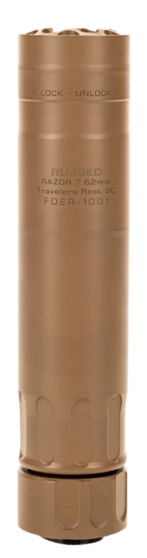 Rugged Suppressors RZRFDE762 Razor762  30 Cal (7.62mm)  Rate Up To 300 RUM  6.40″ L FDE Cerakote Stainless Steel  5/8″-24 tpi R3 Flash Hider Included
