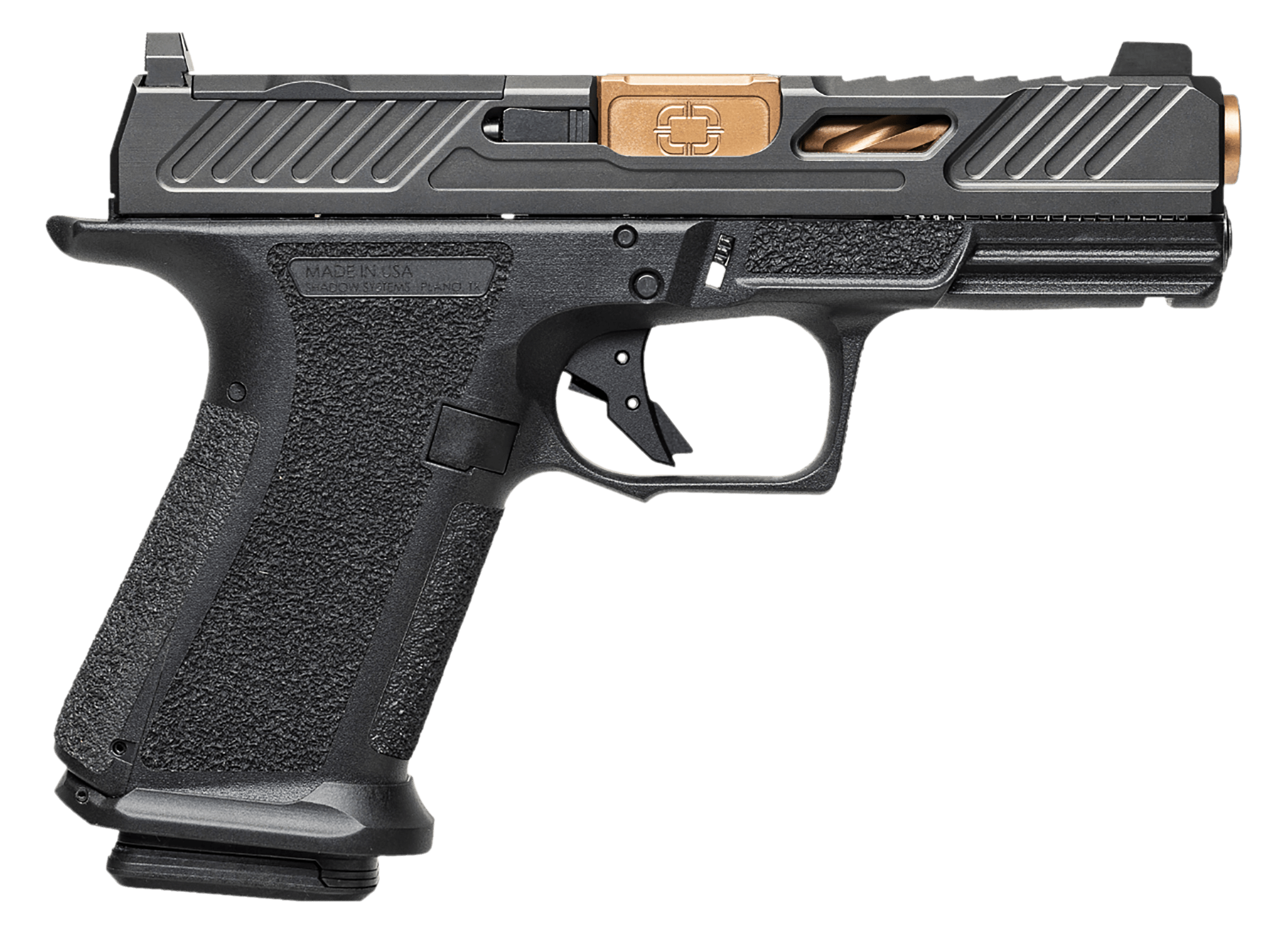 Shadow Systems SS1085 MR920 Elite *MA Compliant 9mm Luger 10+1 Bronze TICN Match Grade Spiral Barrel Black Cerakote Optic Cut/Serrated/Window Cut Steel Slide Black Polymer Frame w/Beavertail & Picatinny Rail Interchangeable Backstrap Grip