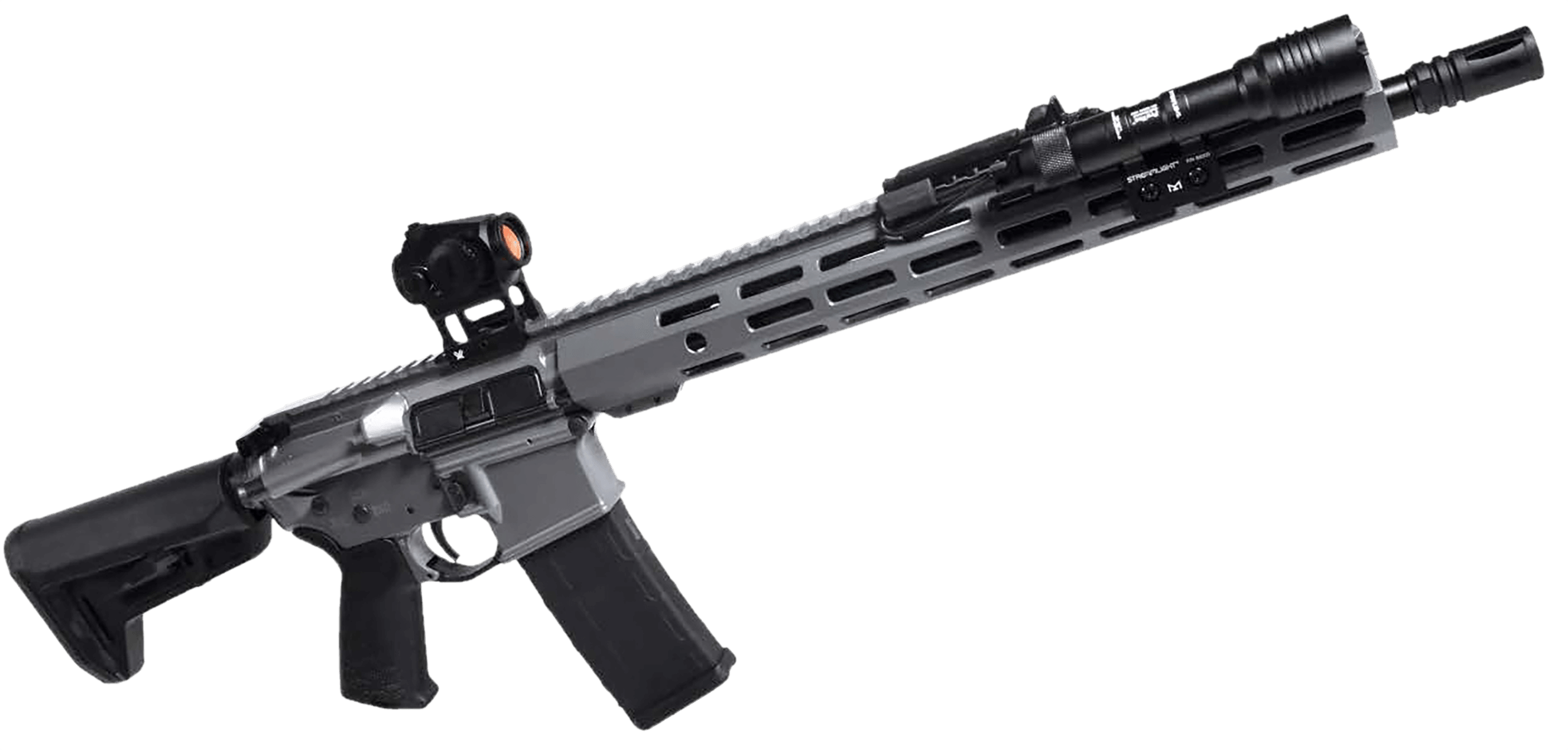 Shark Coast Tactical 300-100-1002-04 Grey Night Bundle 5.56 NATO 30+1 16" Black Nitride Threaded Barrel Custom Grey Cerakote Picatinny Rail Aluminum Receiver Magpul SL-K Black Polymer Stock StreamLight ProTac Rail Light & Vortex Crossfire Red Dot