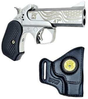 Bond Arms BADT47-SATIN DT-47 Trump 47th President Limited Edition 45 Colt (Long Colt) 410 Gauge 2 Shot 4.25″ Satin Stainless w/Gold Engraving  Double Barrel Stainless Steel Frame  Black Extended B6 Resin Grips  Includes Holster