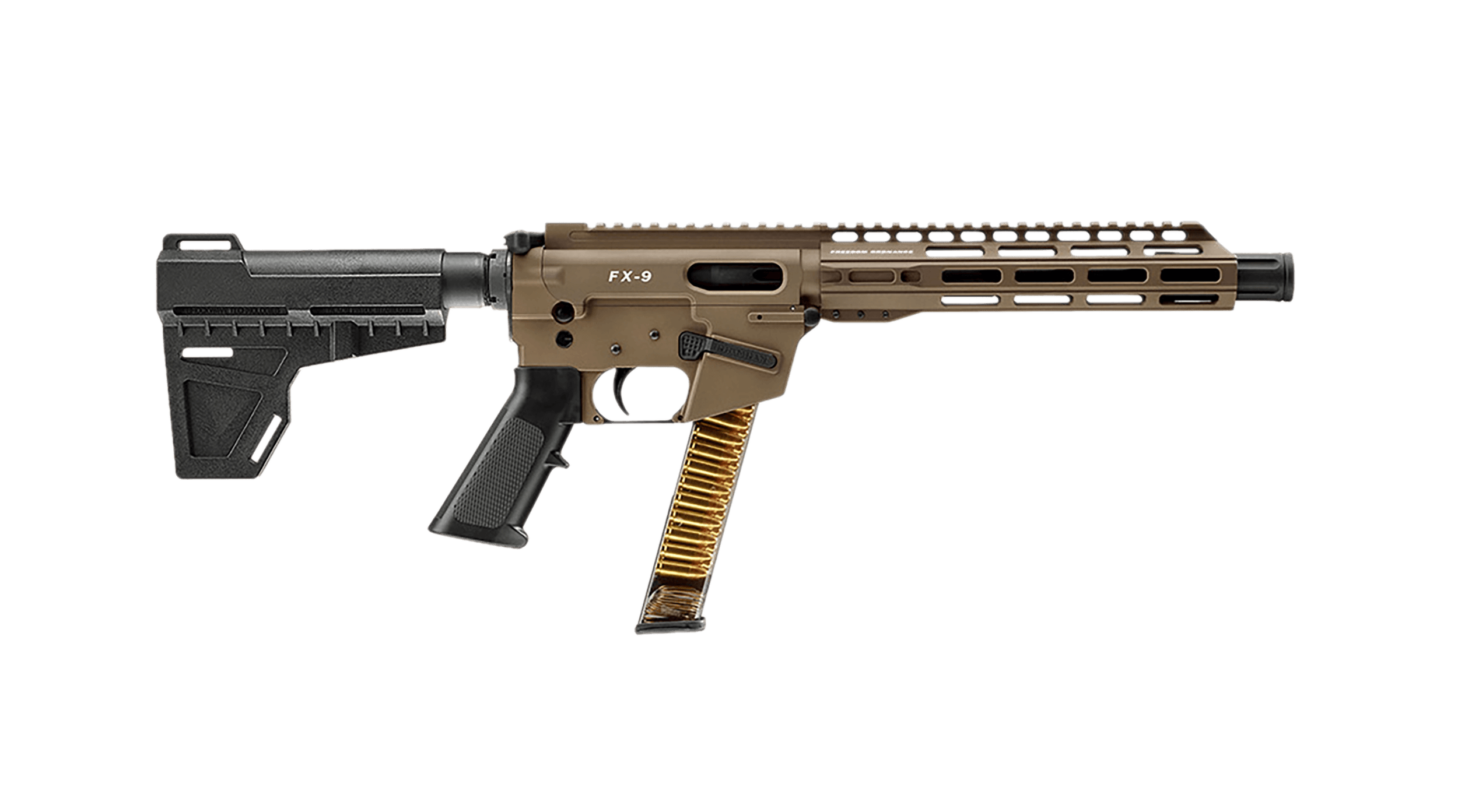 Freedom Ordance FX9P10-FDE FX9P 9mm Luger 31+1 10" Black Nitride Steel Barrel M-LOK Handguard Flat Dark Earth Anodized Aluminum Receiver w/Picatinny Rail Black Polymer KAK Shockwave Pistol Brace AR15 Grip Right Hand