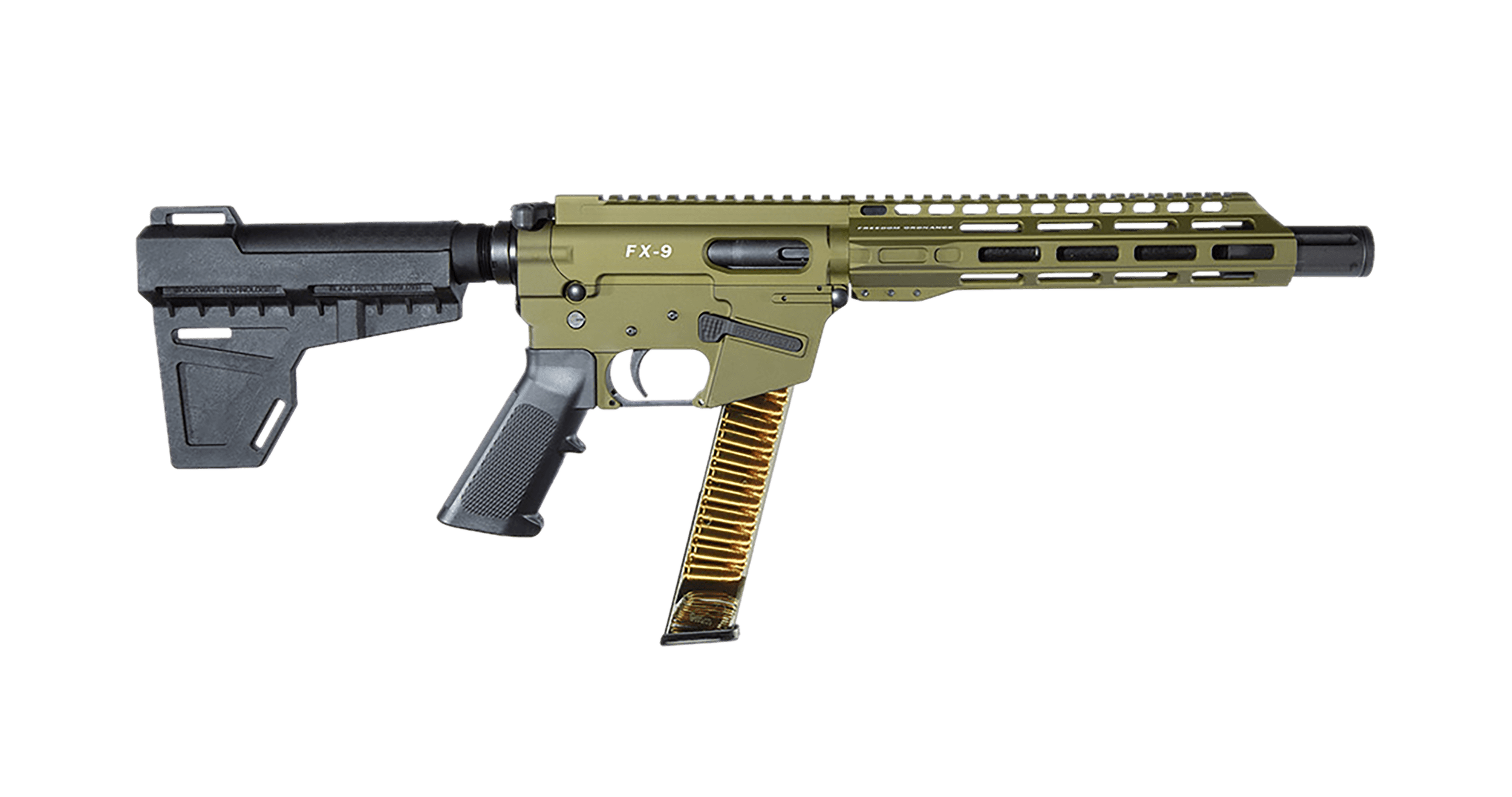 Freedom Ordance FX9P10-ODG FX9P 9mm Luger 31+1 10" Black Nitride Steel Barrel M-LOK Handguard OD Green Anodized Aluminum Receiver w/Picatinny Rail Black Polymer KAK Shockwave Pistol Brace AR15 Grip Right Hand