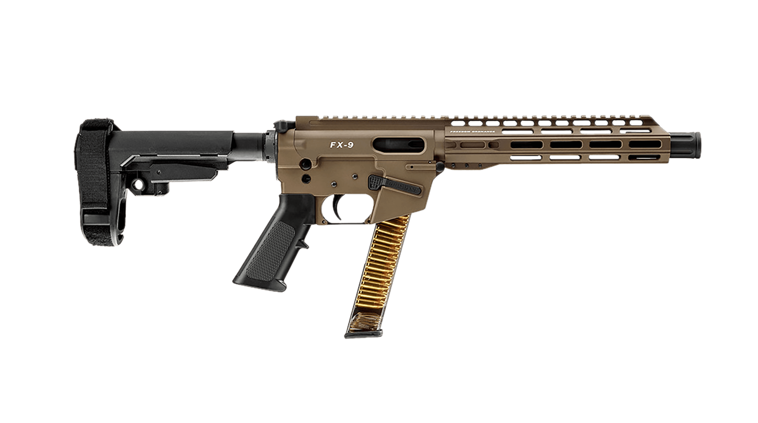Freedom Ordance FX9P10S-FDE FX9P 9mm Luger 31+1 10" Black Nitride Steel Barrel M-LOK Handguard Flat Dark Earth Anodized Aluminum Receiver w/Picatinny Rail Black Polymer SB Tactical SBA3 Brace AR15 Grip Right Hand