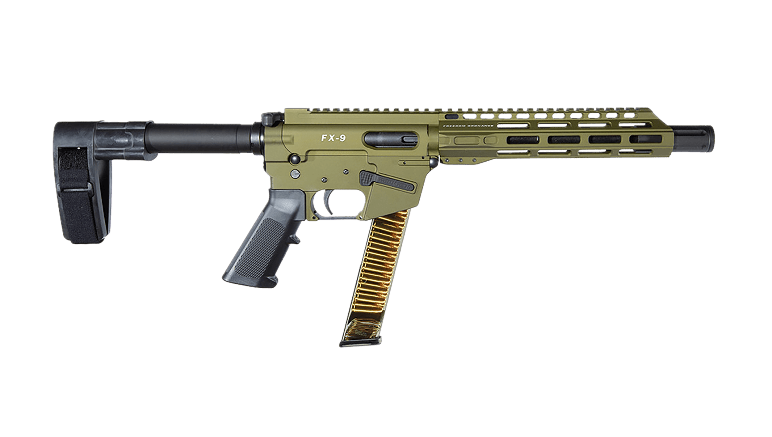 FREEDOM ORDNANCE FX9P10SBM-ODG FX9 9mm Luger 32+1 10" Black Nitride Barrel M-LOK Handguard OD Green Aluminum Receiver w/Picatinny Rail OD Green Polymer SB Mini Brace Black AR15 Grip