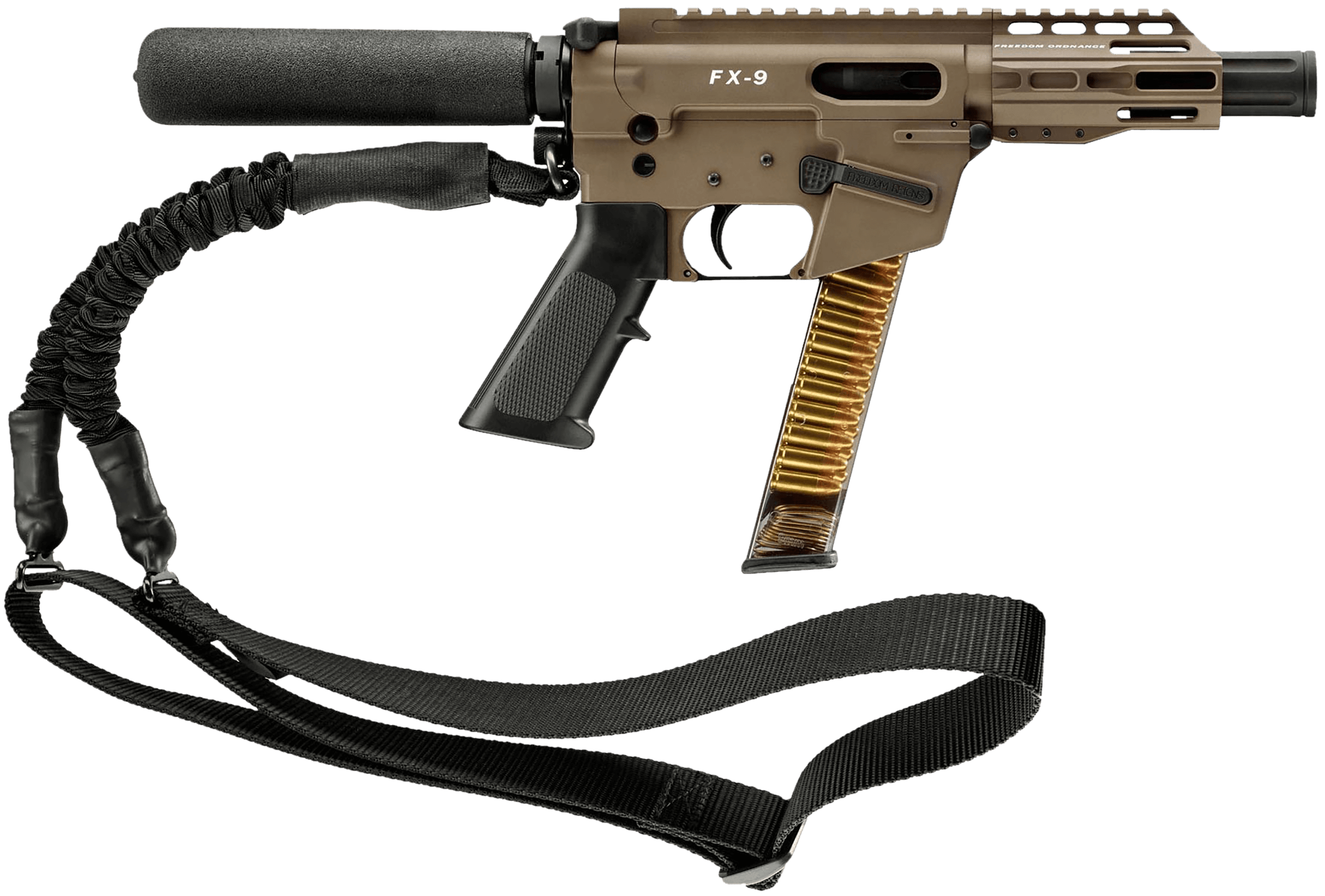Freedom Ordance FX9P4T-FDE FX9P 9mm Luger 31+1 4" Black Nitride Steel Barrel M-LOK Handguard Flat Dark Earth Anodized Aluminum Receiver w/Picatinny Rail Black Polymer Pistol Tube AR15 Grip Sling Right Hand