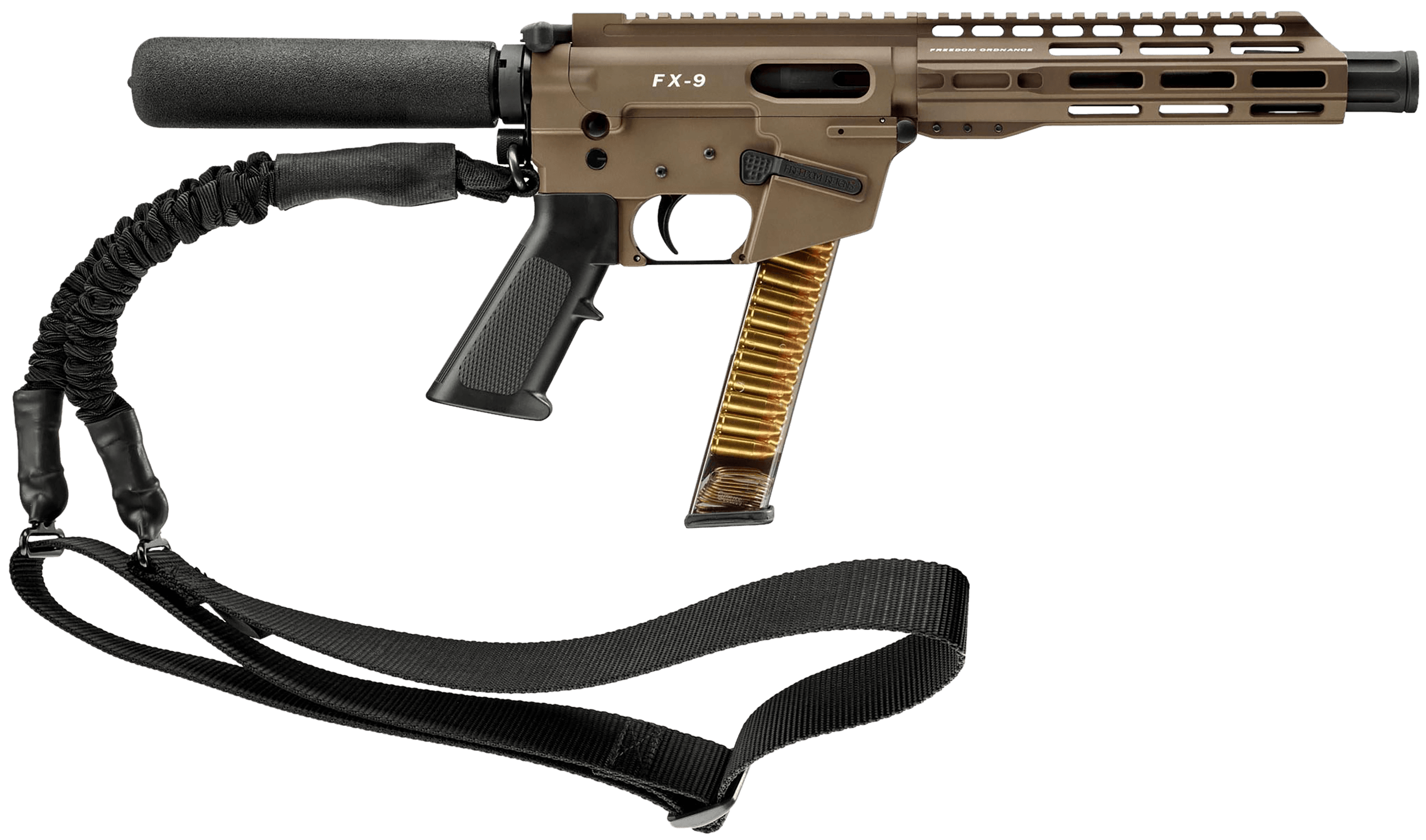 Freedom Ordance FX9P8T-FDE FX9P 9mm Luger 31+1 8" Black Nitride Steel Barrel M-LOK Handguard Flat Dark Earth Anodized Aluminum Receiver w/Picatinny Rail Black Polymer Pistol Tube AR15 Grip Sling Right Hand