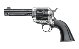Pietta GW357GR434NMUB 1873 Great Western II Gambler’s Royale 357 Mag 6 Shot 4.75″ Ultra Black Steel Barrel  Ultra Black Engraved Cylinder  Old Silver Engraved Steel Frame  Black Wood Grip  Exposed Hammer