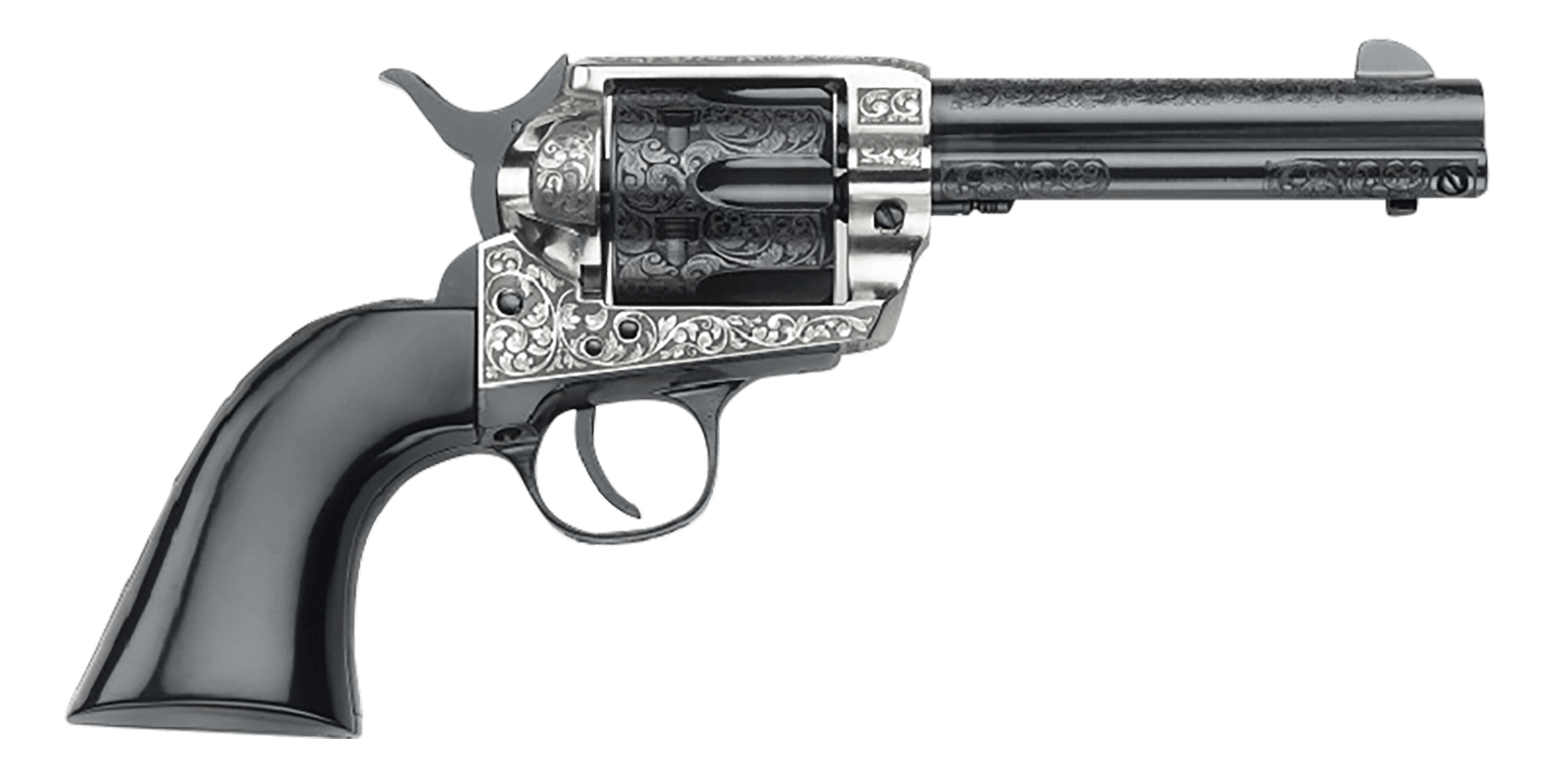Pietta GW45GR434NMUB 1873 Great Western II Gambler's Royale 45 Colt (Long Colt) 4.75" Ultra Black Steel Barrel Ultra Black Engraved Cylinder Old Silver Engraved Steel Frame Black Wood Grip Exposed Hammer