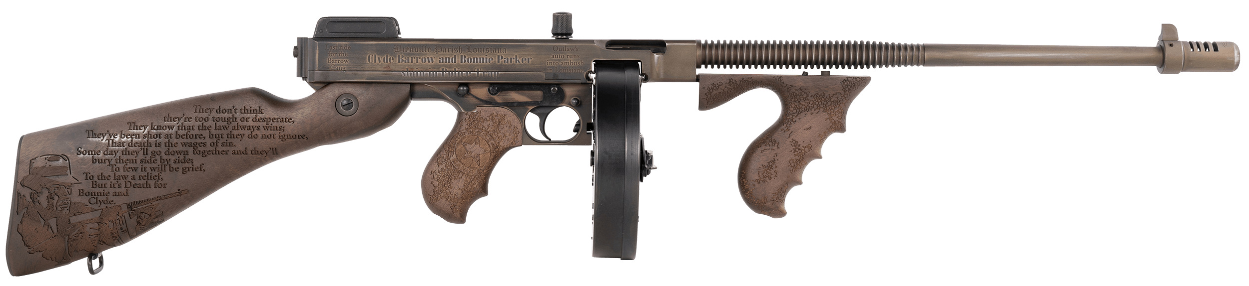 Thompson T150DC6 1927A-1 Bonnie & Clyde .45 Cal 50+1 18″ Finned Barrel Aluminum Receiver Fixed Stock Thompson T150DC6 1927A-1 Bonnie & Clyde .45 Cal 50+1 18″ Finned Barrel Aluminum Receiver Fixed Stock