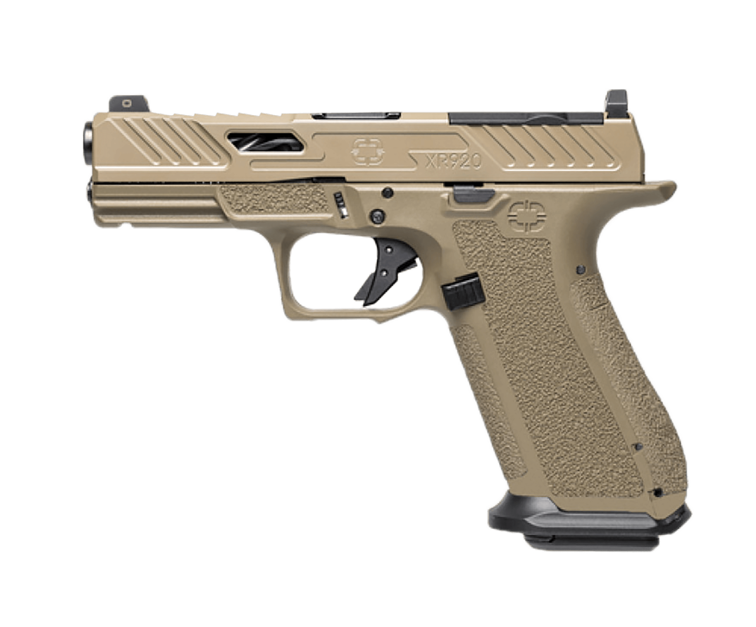 Shadow Systems SS3052CA XR920 Elite *CA Compliant 9mm Luger 10+1 5" Black Nitride Match Grade/Spiral Fluted Barrel FDE Cerakote Optic Cut/Serrated/Window Cut Stainless Steel Slide Flat Dark Earth Polymer Frame w/Beavertail & Picatinny Rail