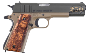 Auto-Ordnance 1911BKOC15 1911 Army GunStuff Exclusive Full Size Frame 45 ACP 7+1 5″ Stainless Steel Barrel  OD Green Cerakote w/Engraving Steel Serrated Slide  Coyote Tan Cerakote Steel Frame w/Beavertail  Custom Wood Grip