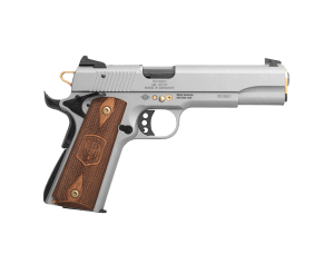 ATI GSG2210M1911AN15 GSG 1911 15 Year Anniversary Edition Full Size Frame 22 LR 10+1 5″ Black Threaded Barrel  Frost Gray Serrated Slide  Frost Gray w/Gold Accents Zinc Alloy Frame  Light Wood Grip