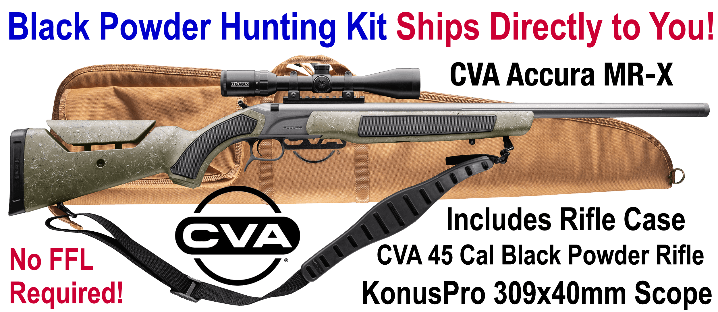 CVA PR3232NSCP Accura MR-X 45 Cal 26" Tungsten Cerakote Fluted Threaded Barrel Drilled & Tapped Receiver Adjustable Black/Gray Webbing Synthetic Stock KonusPro 309x40mm IR w/BDC Soft Rifle Case