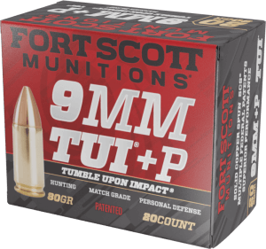 Fort Scott Munitions 9MM+P-080-SCV Tumble Upon Impact (TUI) 9mm+P 80gr Solid Copper Spun 20 Per Box/25 Case Fort Scott Munitions 9MM+P-080-SCV Tumble Upon Impact (TUI) 9mm+P 80gr Solid Copper Spun 20 Per Box/25 Case