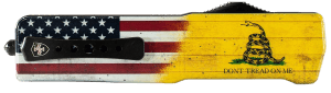 Templar Knife SZDTOM521 Premium Weighted Don’t Tread On Me Small 3″ OTF Tanto Part Serrated Black Oxide Stonewashed Powder Coated D2 Steel Blade  4.50″ Yellow w/Flag & “Don’t Tread On Me” Aluminum Zinc Alloy Handle