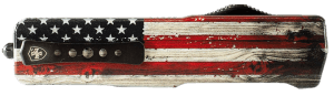 Templar Knife MZWUS121 Premium Weighted  Small 3″ OTF Dagger Plain Black Oxide Stonewashed Powder Coated D2 Steel Blade  4.50″ Painted Wood Grain US Flag Aluminum Zinc Alloy Handle