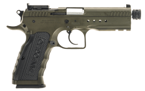 Tanfoglio  Defiant Tactical Pro 9mm Luger 20+1 4.50″ Stainless Threaded Barrel  Green Steel Optic Ready/Ported/Serrated Slide  Green Steel Frame w/Beavertail & Picatinny Rail  Black Polymer Grip
