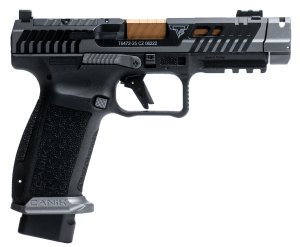 Canik HG7854S-N TTI Combat 9mm Luger 18+1 4.60″ Bronze PVD Ported Spiral Barrel Compensated  Smoke Cerakote Steel Optic Ready/Ported/Serrated Slide  Black Polymer Frame w/Picatinny Rail  Interchangeable Backstrap Grip