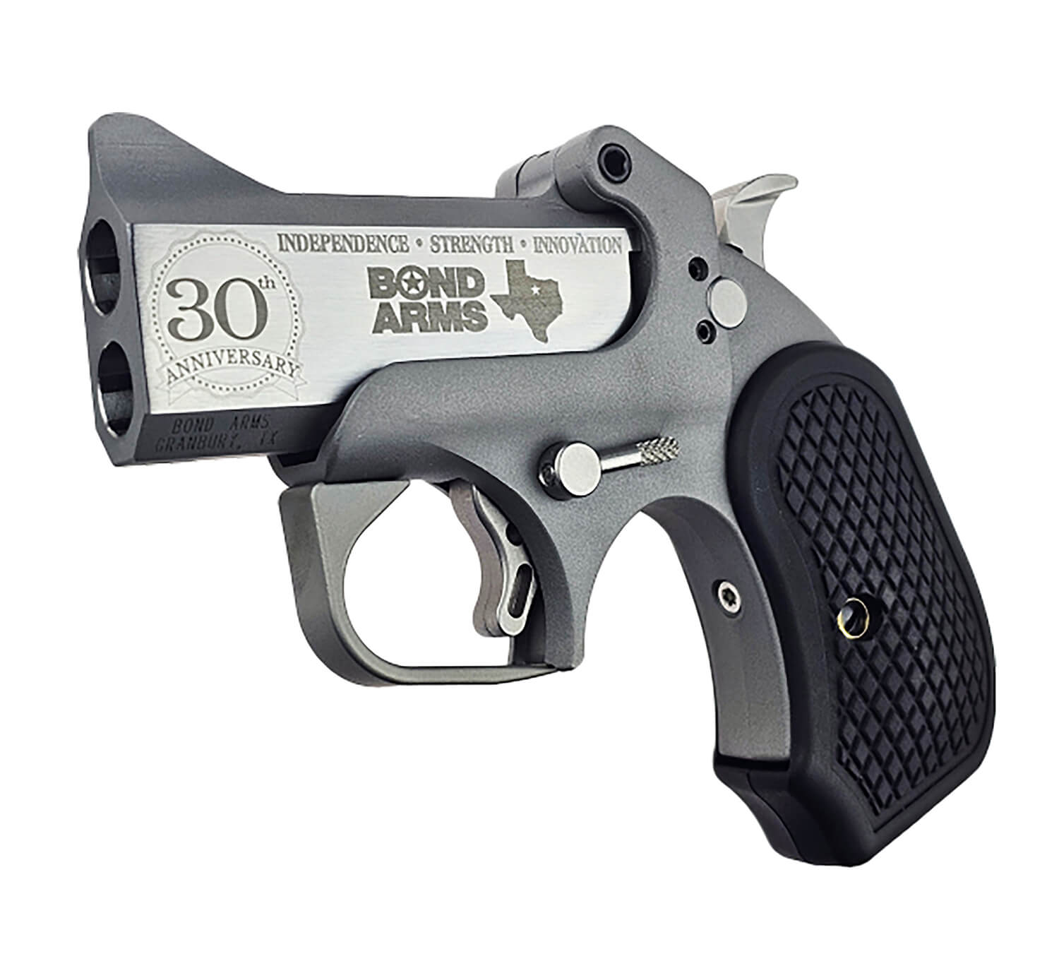 Bond Arms BA30THXL-45LC/410 30th Anniversary XL 45 Colt (Long Colt)/410 Gauge 2 Shot 3" Engraved Matte Stainless Steel Barrel & Rough Matte Stainless Steel Frame Black Extended B6 Resin Grips - Image 2
