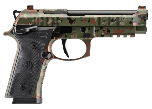 Beretta USA SPEC0744A10 92XI  Full Size Frame 9mm Luger 10+1 4.70″ Black Steel Barrel  Flecktarn Camo Cerakote Stainless Steel Optic Ready/Serrated Slide & Frame w/Beavertail & Picatinny Rail  Black Textured Grip  Ambidextrous