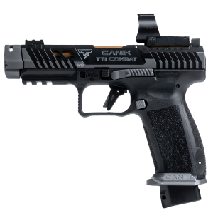 Taran Tactical Canik HG7854SV-N TTI Combat w/Optic 9mm Luger 18+1 4.60″ Bronze PVD Ported Spiral Barrel Compensated  Smoke Cerakote Steel Optic Ready/Ported/Serrated Slide  Black Polymer Frame w/Picatinny Rail  Interchangeable Backstrap Grip  MeCanik M03 Red Dot