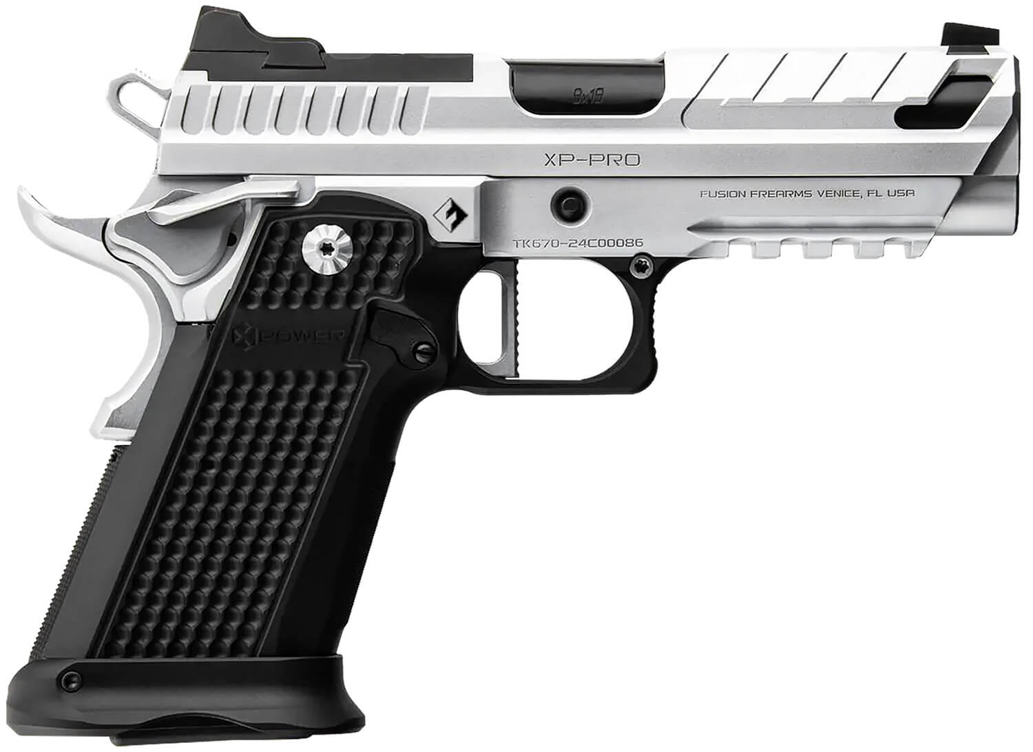 Fusion Firearms XP9C XF Pro 9mm Luger 17+1 4" Black Tennifer Fluted Glock Compatible Barrel Chrome Optic Cut/Serrated/Window Cut Aluminum Slide Chrome Aluminum Frame w/Beavertail & Picatinny Rail Interchangeable Panels Grip - Image 2