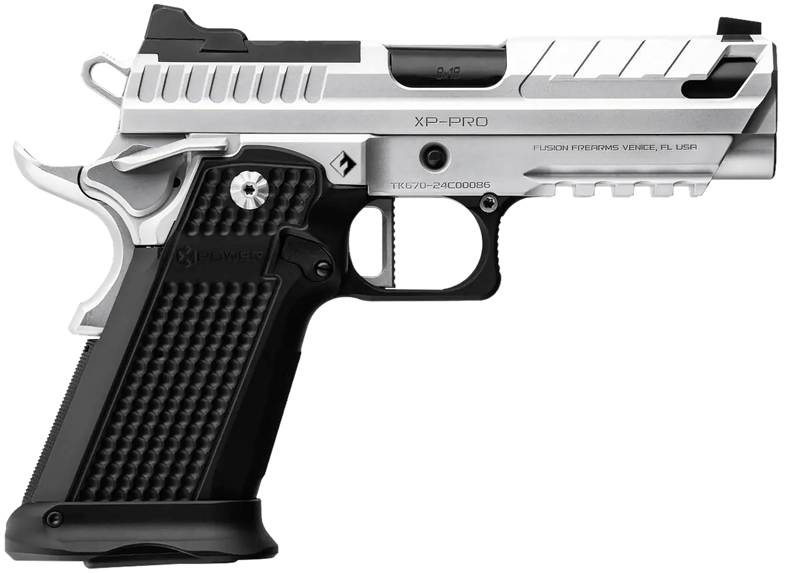 Fusion Firearms XP9C XF Pro 9mm Luger 17+1 4" Black Tennifer Fluted Glock Compatible Barrel Chrome Optic Cut/Serrated/Window Cut Aluminum Slide Chrome Aluminum Frame w/Beavertail & Picatinny Rail Interchangeable Panels Grip