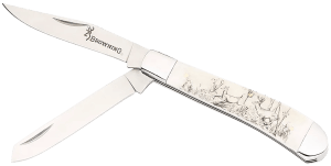 Browning 3220578B Trapper Whitetail Folding Clip Point/Spey Plain Satin 12C27 Sandvik SS Blade Engraved Wildlife Scene Natural Bone Handle Box Packaging