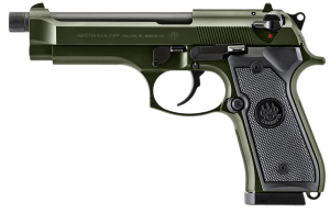 Beretta USA J92F300GRTB18 92FS  Full Size 9mm Luger 18+1 5.10″ Black Threaded Barrel  OD Green Cerakote Serrated Slide  OD Green Cerakote Aluminum Frame w/Beavertail  Black Textured Grip
