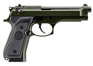 Beretta USA J92F300GR15 92FS  Full Size 9mm Luger 15+1 5.10″ Black Threaded Barrel  OD Green Cerakote Serrated Slide  OD Green Cerakote Aluminum Frame w/Beavertail  Black Textured Grip
